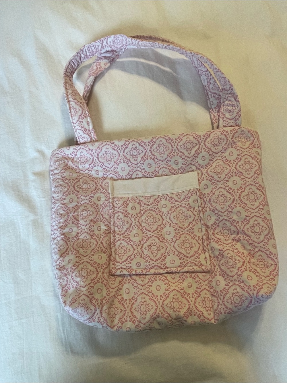Quilted Pink Patterned Tote Bag with Front Pocket hand made and up-cycled
